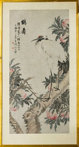 CHINESE WATERCOLOR ON PAPER, H 51.75", W 25.25", RED-CROWNED CRANE 