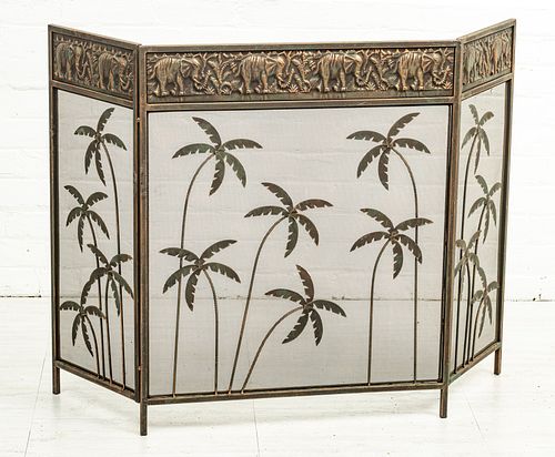 PATINATED METAL FIREPLACE SCREEN C. 1930S, H 31", W 49" (TOTAL) PALM TREES AND ELEPHANT TRAIN 