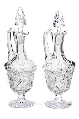 CUT GLASS WINE DECANTERS, PAIR H 14,5" 