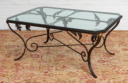 GLASS TOP AND WROUGHT IRON TABLE H 49.25" W 77.75" L 105.75" 