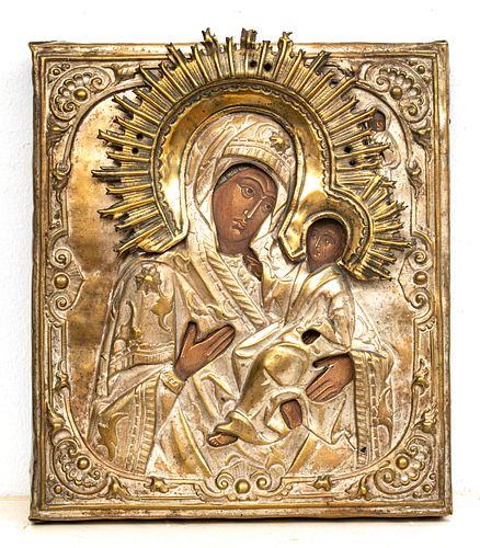 RUSSIAN ICON, EGG TEMPERA ON BOARD, H 9" W 8" OUR LADY OF KAZAN 