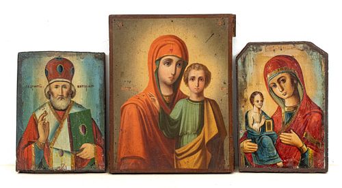 RUSSIAN ICONS, ON WOOD THREE H 8.5" - 6.7" W 7" - 5 ' 