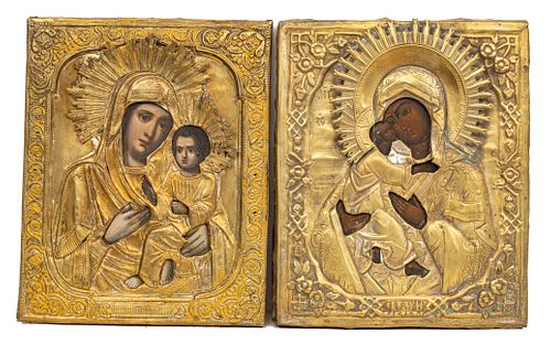 RUSSIAN ICONS, EGG TEMPERA ON WOOD TWO H 10.5" W 8.5" OUR LADY OF KAZAN 