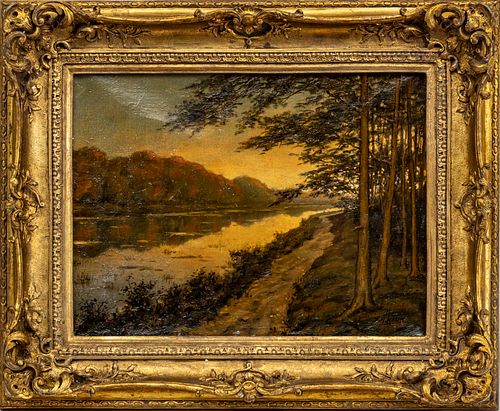 D. H. MELEK, OIL ON CANVAS, C 1920 H 12" W 16" RIVER VIEW AT SUNSET 