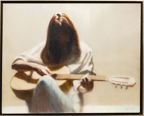 HAL SINGER, OIL ON CANVAS, H 24", W 29.5", SEATED GUITARIST 