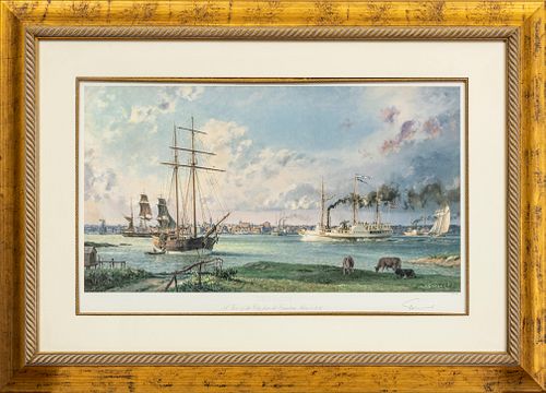 JOHN STOBART, OFFSET LITHOGRAPH H 18" W 32" DETROIT FROM CANADIAN SHORE 