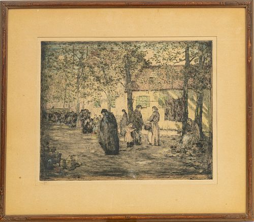 FRANCIS PETRUS PAULUS (AMER.1862-33) HAND-COLORED ETCHING ON PAPER, EARLY 20TH C., H 10", W 12 1/4", OPEN-AIR MARKET SCENE 