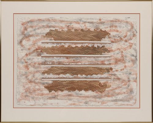 SIGNED LYNN EDEX MONOTYPE AND COLLAGE HAND PRESSED PAPER LATE 20TH C. H 29" W 38" COPPER PATTERNS 