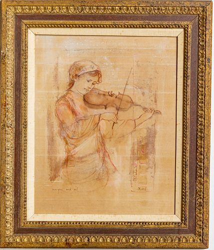 EDNA HIBEL (AMERICAN, 1917–2014) LITHOGRAPH WITH OIL PAINT, H 20" W 16" WOMAN PLAYING VIOLIN 