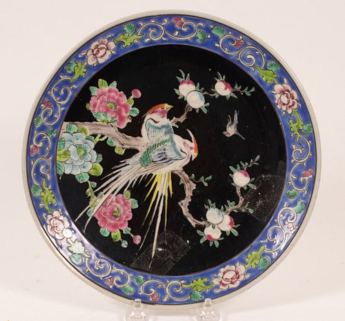 CHINESE SIGNED PORCELAIN CHARGER FLOWERS AND BIRDS C 1900 DIA 9.5" 