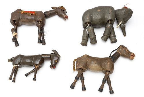SCHOENHUT CIRCUS ANIMALS HAND PAINTED & CARVED WOOD ELEPHANT ORIGINAL PAINT 6"H, 9"L (1); (2) HORSES 6" H X10"L.;(1) DONKEY 8" L. 
