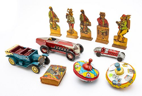 USA BUCK ROGERS H.B.BOOK 4"X5"; (   ) H 9" CARDBOARD FIGURES WOOD BASE (5); L RACE CARS 13", 7.5",(2); GREEN AUTO 10"(1); DIA (2) TOP-SPINS 5"