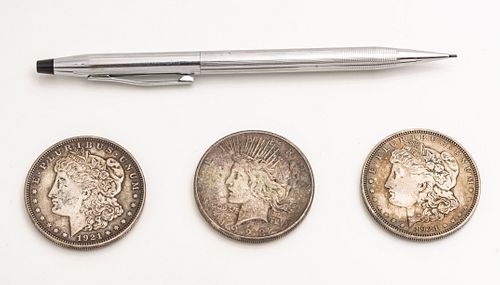 CROSS MECHANICAL PENCIL AND 1921-23 SILVER DOLLARS (3) 