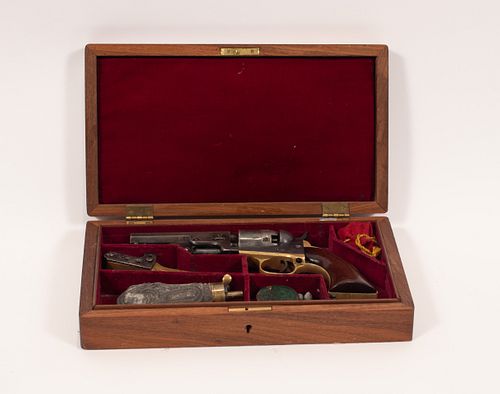 COLT MODEL 1849 SIX SHOT POCKET PISTOL, .31 CAL., 1862, L 4" BARREL, SN 218136, INCLUDES FITTED CASE, BULLET MOLD AND POWDER FLASK 