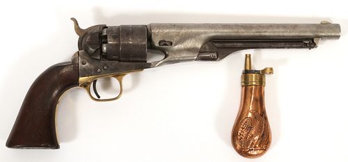 COLT MODEL 1860 ARMY, SINGLE ACTION PERCUSSION CAP REVOLVER, .44 CAL., 1863, WITH COPPER POWDER FLASK, L 8" BARREL, SN 92355 