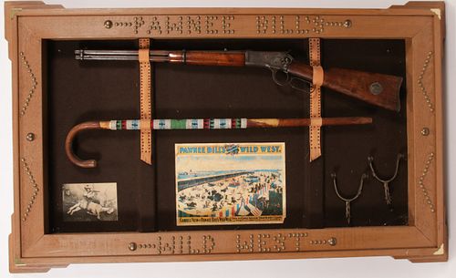 ***WINCHESTER MODEL 1892 LEVER ACTION RIFLE, IN SHADOWBOX DISPLAY WITH CANE AND SPURS, 1907, L 20" BARREL, "PAWNEE BILL'S WILD WEST", SN 384185 