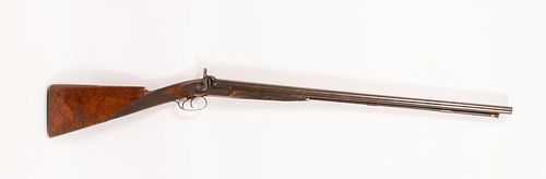 ENGLISH PERCUSSION CAP SIDE BY SIDE HUNTING SHOTGUN BY ANGEL OF TOTNESS, C. 1850, L 30" BARREL 