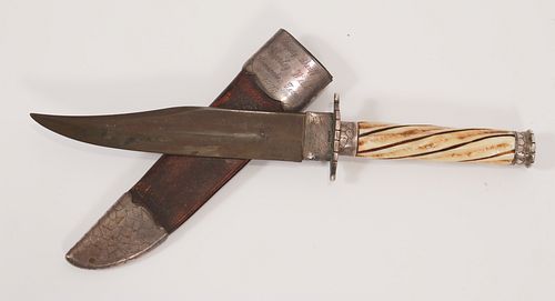 BONE HANDLE WITH SILVER MOUNTINGS SHERIFF KNIFE, C. 1870S, L 6" BLADE, "DEPUTY SHERIFF CHARLEY WEBB COMANCHE, TEXAS 1873" 