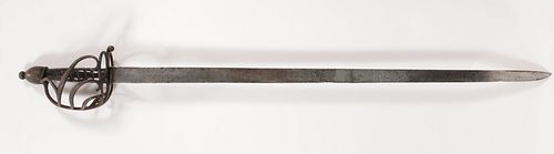 BASKET-HILTED CAVALRY SWORD, FRENCH MANUFACTURED, LATE 17TH C., L 43" OVERALL 