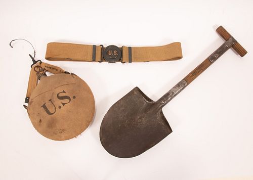 U.S. M1910 T-HANDLE ENTRENCHING TOOL, M1910 GARRISON BELT AND M1902 CANTEEN, THREE PIECES