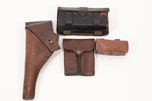 ROCK ISLAND ARSENAL LEATHER HOLSTER, MAGAZINE POUCH, CARTRIDGE BOX, AND A FRAZIER'S 1878 CARTRIDGE BOX, EARLY 20TH AND LATE 19TH C., 4 PIECES