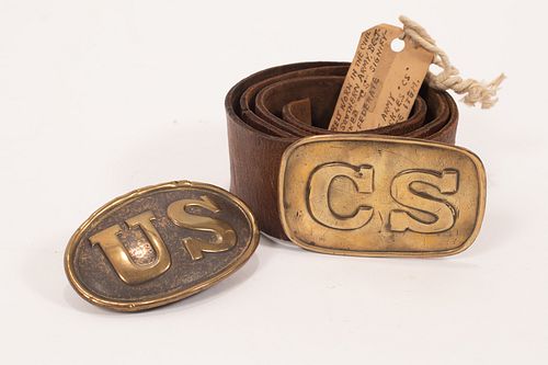CIVIL WAR CONFEDERATE AND UNION BRASS BELT BUCKLES, TWO PCS., H 2 1/4", W 3 1/4" 