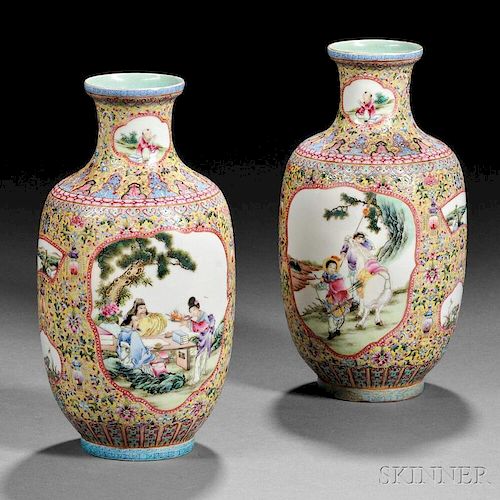 Pair of Famille Jaune Eggshell Porcelain Vases