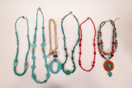 TURQUOISE AND OTHER STONE COSTUME NECKLACES, L 24", 26", 30" 