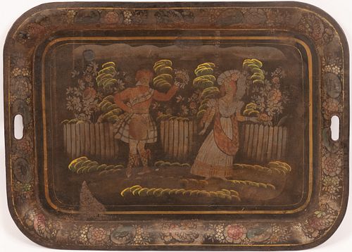 TIN TOLE TRAY C. 1840 H 19" W 26.125" SCOTTISH DANCING COUPLE WITH FLORAL BORDER 