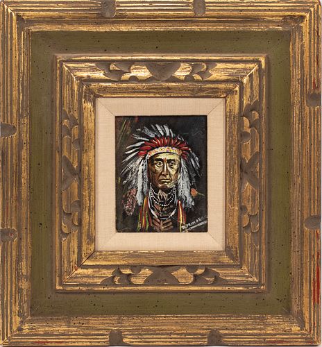 D. PRIMORAC, USA, TRIBAL INDIAN CHIEF 'LITTLE TURTLE' OIL ON CANVAS H 4.5" W 3.5" 