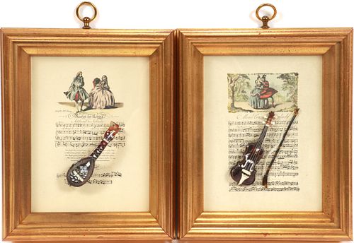 MINIATURE INSTRUMENTS MOUNTED ON SHEET MUSIC H 10.5" W 9" 