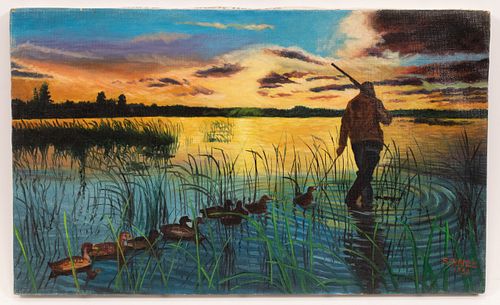 STURMAN, DUCK HUNTING AT SUN-RISE OIL ON CANVAS NO FRAME  1958 H 12" W 20" 