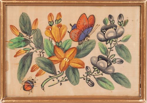 AMERICANA WATERCOLOR ON WOOD-FIBER WITH FLOWERS BUTTERFLY & BEETLE UNSIGNED 1863 H 17 IMAGE W 25 MM