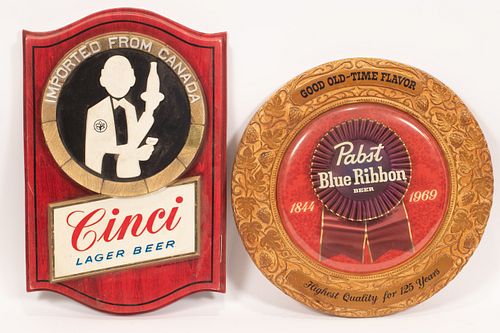 USA, BEER ADVERTISING SIGNS PABST BLUE RIBBON 1844-1969, 17" CINCI LAGER BEER  1960-69 (2) 