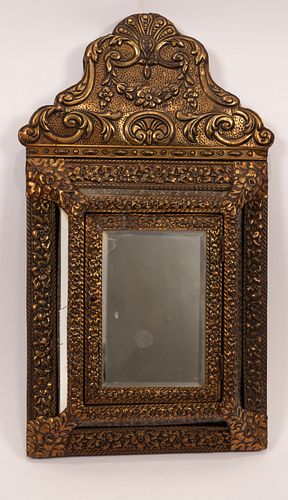 DUTCH PUNCHED BRASS WALL MIRROR WITH HINGED DOOR H 24" W 13" 