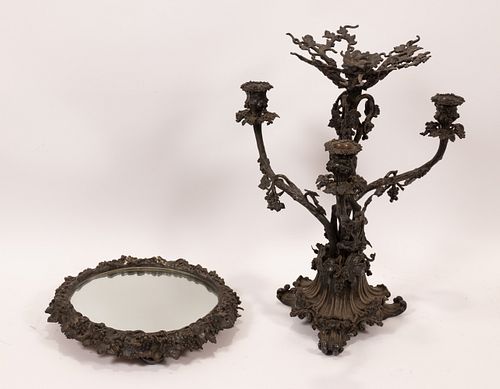 PATINATED METAL CANDELABRA AND PLATEAU MIRROR, H 21", DIA 15.5" 