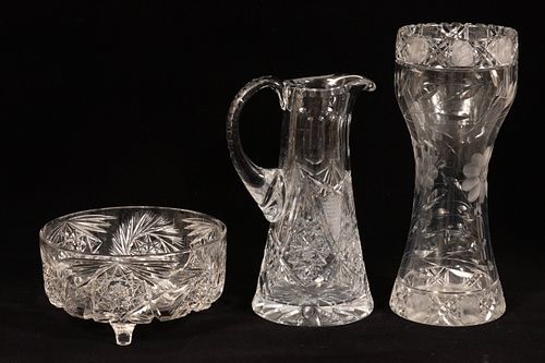 AMERICAN CUT-GLASS PITCHER AND VASE, WITH A PRESSED GLASS BOWL, THREE PIECES, H 12" (TALLEST) 