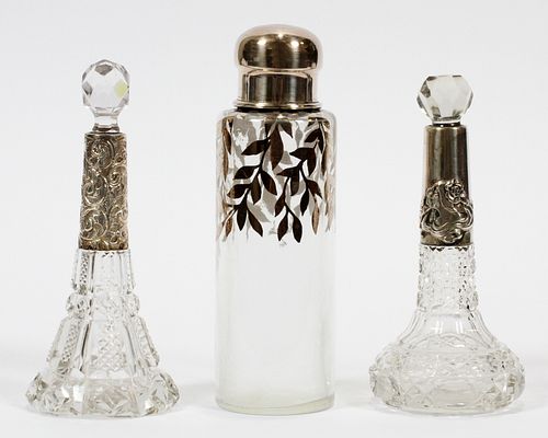 CUT GLASS  PERFUME BOTTLES AND ONE PERFUME WITH SILVER OVERLAY, 3 PCS. H 6'-6.5" 