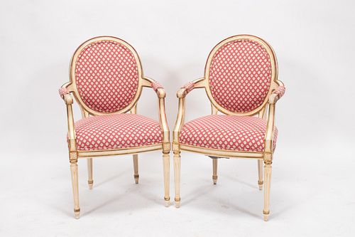 LOUIS XVI PAINTED WOOD, UPHOLSTERED CHAIRS, PAIR, H 37" W 22"   