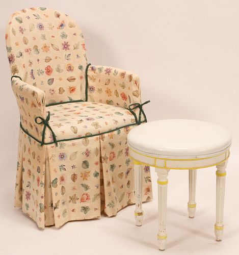 ARMCHAIR, LOUIS XVI STYLE,  LINEN SLIPCOVER H 37" W 23" + FRENCH STYLE STOOL 