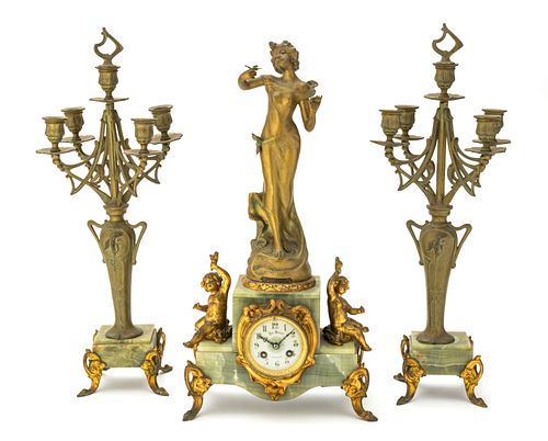 Art Nouveau Bronze Patinated Metal, Green Onyx Clock And Pair Of Candelabra, H 23'' W 9'' 1 Pair