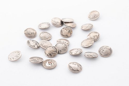 BUFFALO NICKELS CONVERTED INTO BUTTONS, 23 PCS, DIA 3/4", T.W. 122 GR 