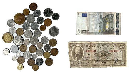 FOREIGN CURRENCY, ASSORTED COINS (43) & BANK NOTES (2) 