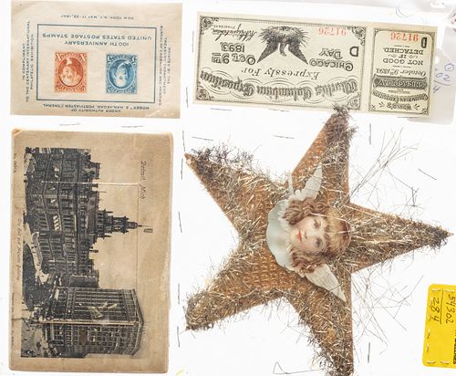 1893 UNUSED WORLD'S COLUMBIAN EXPOSITION TICKET, 100TH ANNIVERSARY US POSTAGE STAMPS, AND SOUVENIRS 