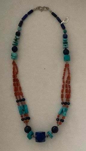 Lapiz Lazuli with Coral and turquoise  natural bead necklace