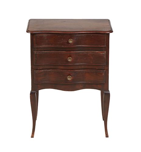 French Provincial Louis XV Style Carved Walnut Nightstand, 20th c., the stepped serpentine bowed top over a bank of three serpentine drawers, on cabri