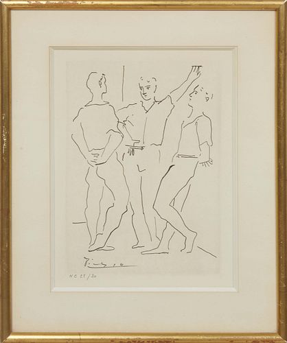 After Pablo Picasso (Spain, 1881-1973), "The Three Dancers (Les Trois Danseurs)," c. 1925, lithograph, signed in print, "HC 22/30" written in pencil l