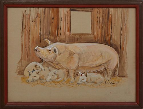Luz, "Piglets with Mother," c. 1923, watercolor/gouache on paper, signed lower right, inscribed illegibly en verso, presented in red painted frame, H.