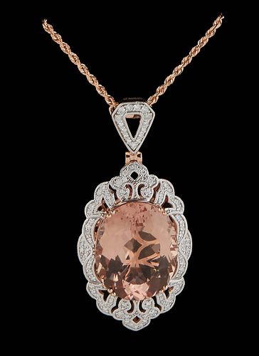 14K Rose Gold Pendant, the oval drop with a 17.61 ct. morganite, with a pierced diamond mounted border, with a diamond mounted bail, on a 14K rose gol