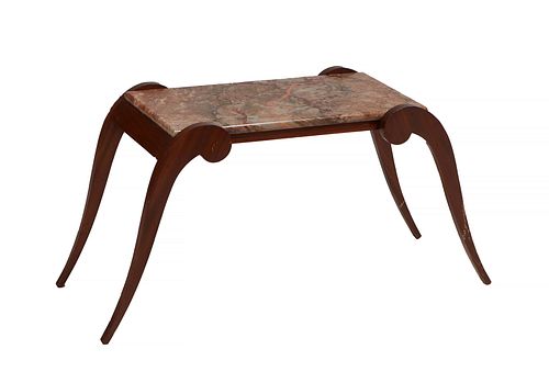 French Art Deco Marble Top Walnut Coffee Table, 20th c., the highly figured Breche d'Alps brown marble on four scrolled splayed legs, H.- 18 3/8 in., 